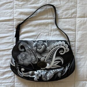 LIKE NEW! Anushka Floral Black and Gray Hand-painted Women's Bag